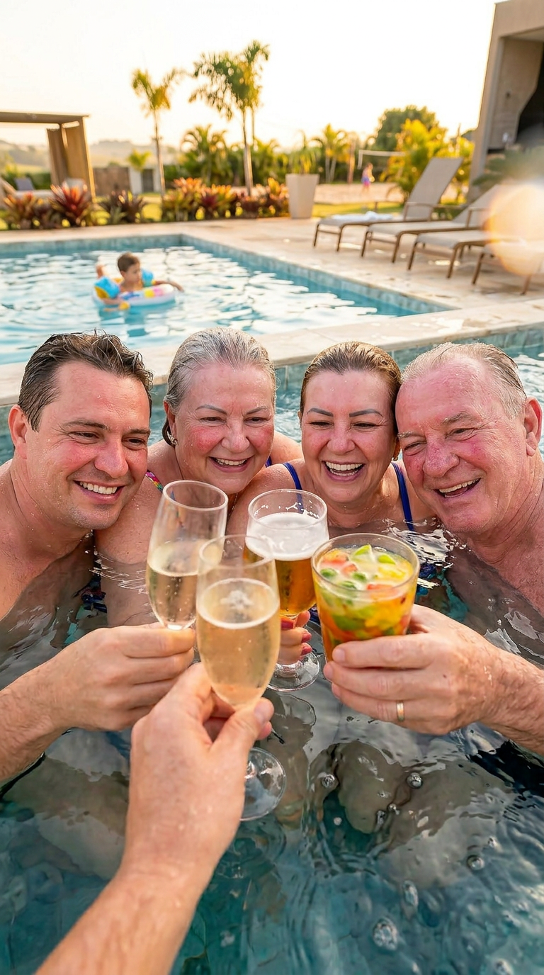 Família brindando na piscina do clube do Recanto do Sol ao pôr do sol
