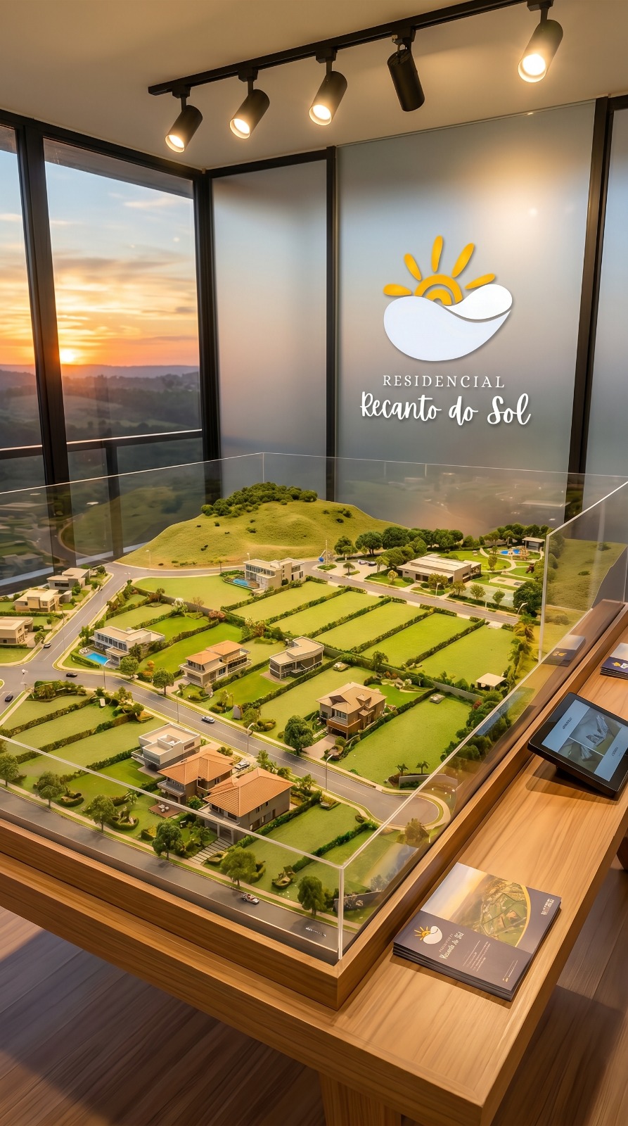 Maquete física do Residencial Recanto do Sol no stand de vendas ao pôr do sol